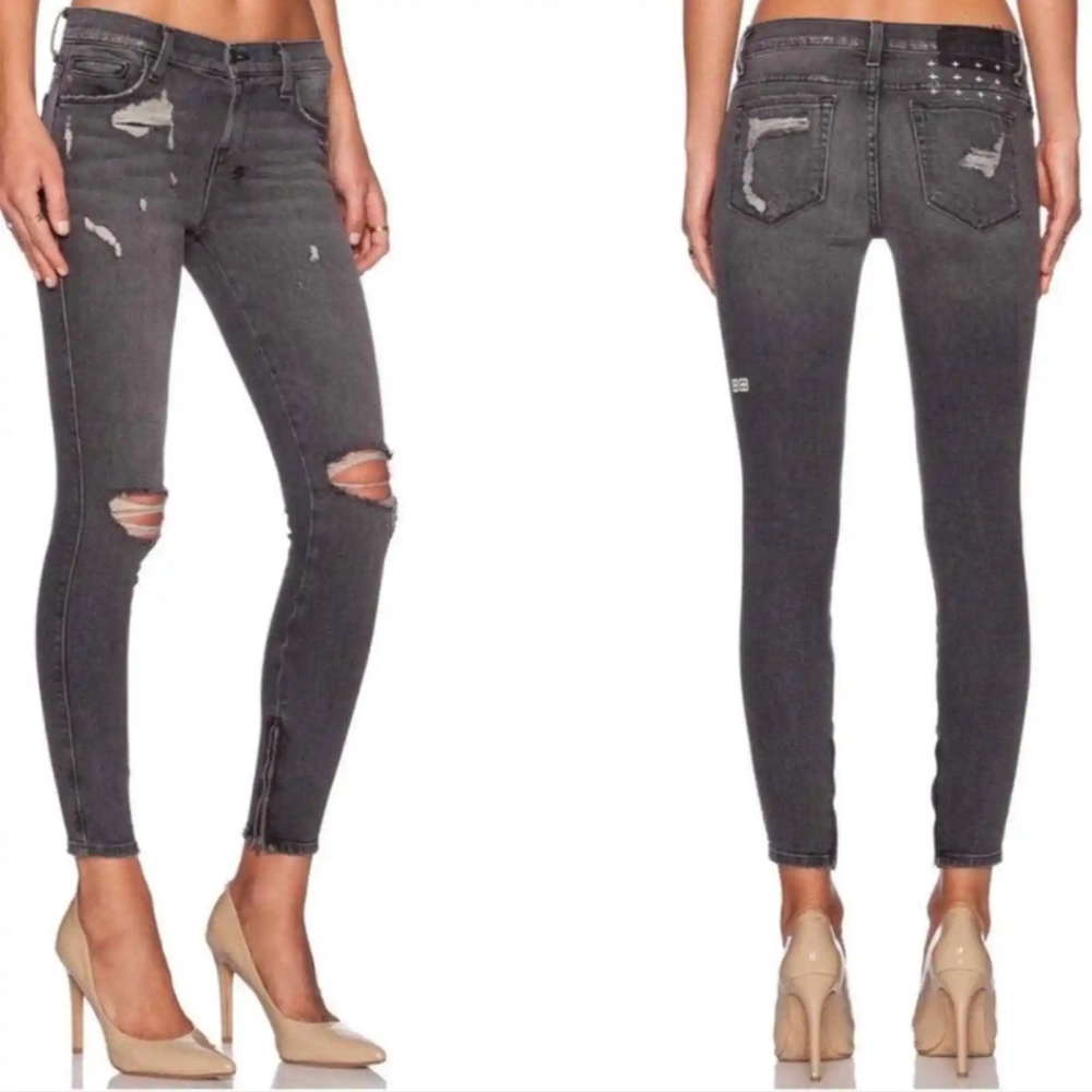 Ksubi Spray On Carbon Black Skinny Low Rise Zipper Crop Ankle Distressed Jean.